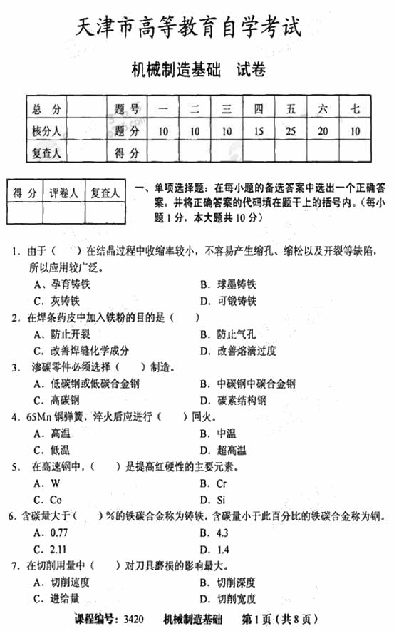 天津市2009年4月高等教育自学考试机械制造基础试卷(1) 天津市2009年4月高等教育自学考试机械制造基础试卷(1)
