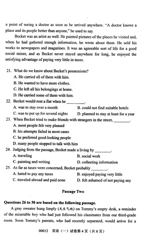 全国2008年10月高等教育自学考试《英语一》试题(4) 全国2008年10月高等教育自学考试《英语一》试题(4)