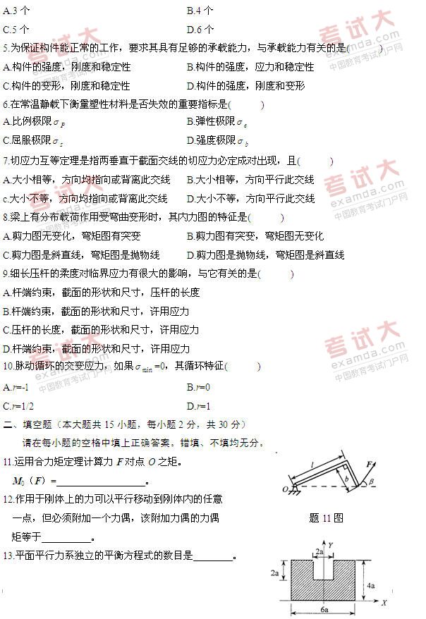 全国2011年1月高等教育自学考试工程力学(一)试(2) 全国2011年1月高等教育自学考试工程力学(一)试(2)