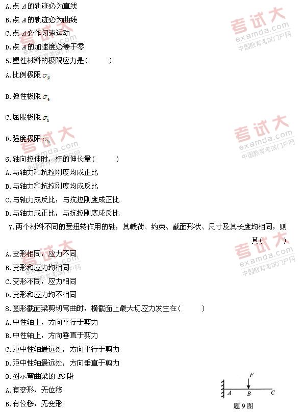 全国2010年10月高等教育自学考试工程力学(一)试题(2)